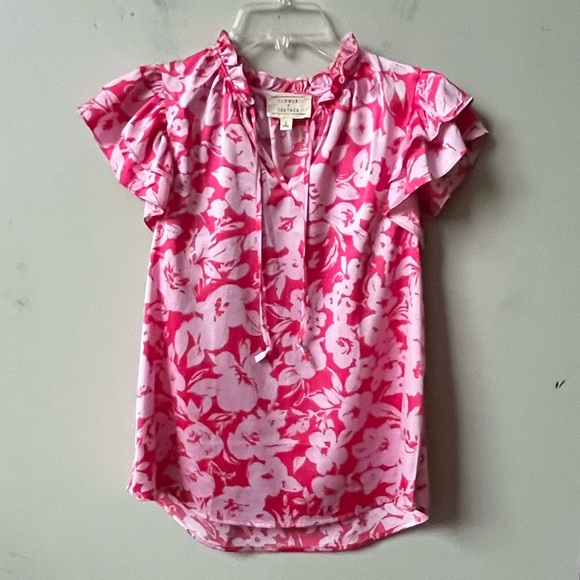 Flower & Feather Tops - Floral Ruffle Sleeve Tie-Neck Blouse - Pink